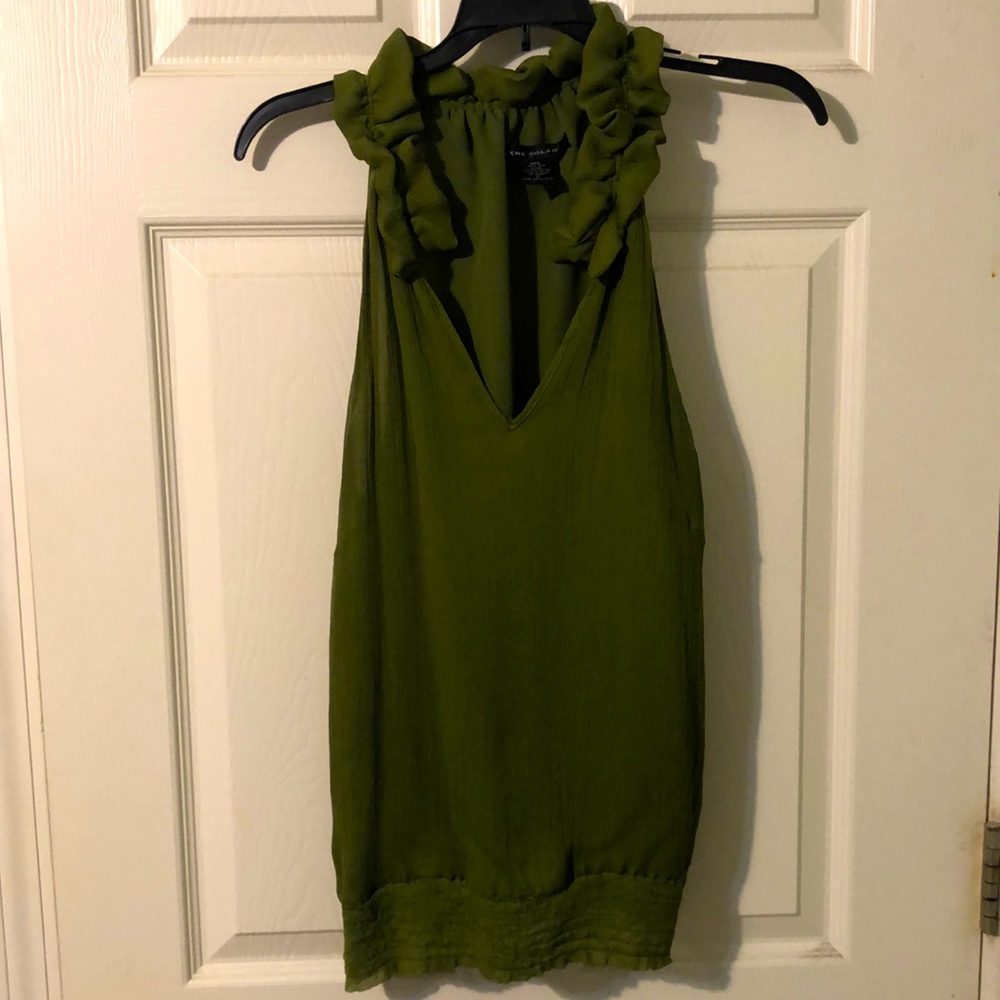 Olive green blouse w/ statement neckline. Size L.
